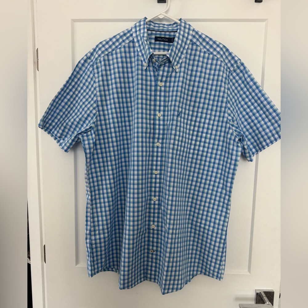 Nautica Blue and White Plaid Men's Shirt